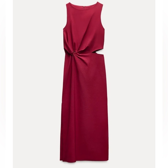 Zara Women’s XL Cut Out Midi Dress Sleeveless Stretch Red Burgundy New 8611/459 - Picture 1 of 6